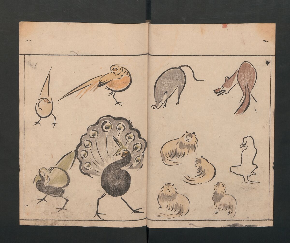 Abbreviated Drawing Styles for Birds and Animals (Chōjū ryakuga shiki) 鳥獣略画式, Kuwagata Keisai 鍬形蕙斎 (Japanese, 1764–1824), Woodblock printed book; ink and color on paper, Japan