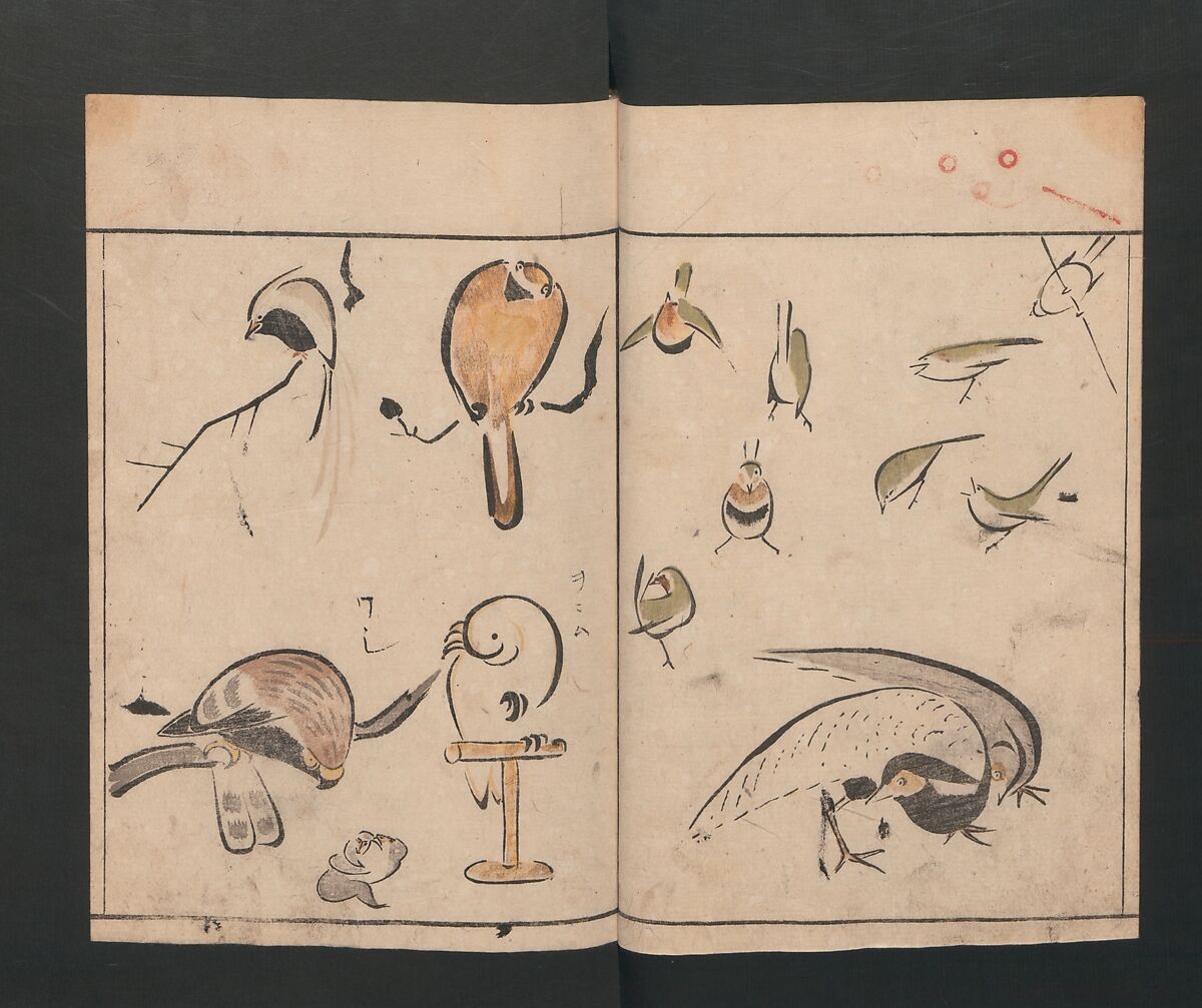 Abbreviated Drawing Styles for Birds and Animals (Chōjū ryakuga shiki) 鳥獣略画式, Kuwagata Keisai 鍬形蕙斎 (Japanese, 1764–1824), Woodblock printed book; ink and color on paper, Japan