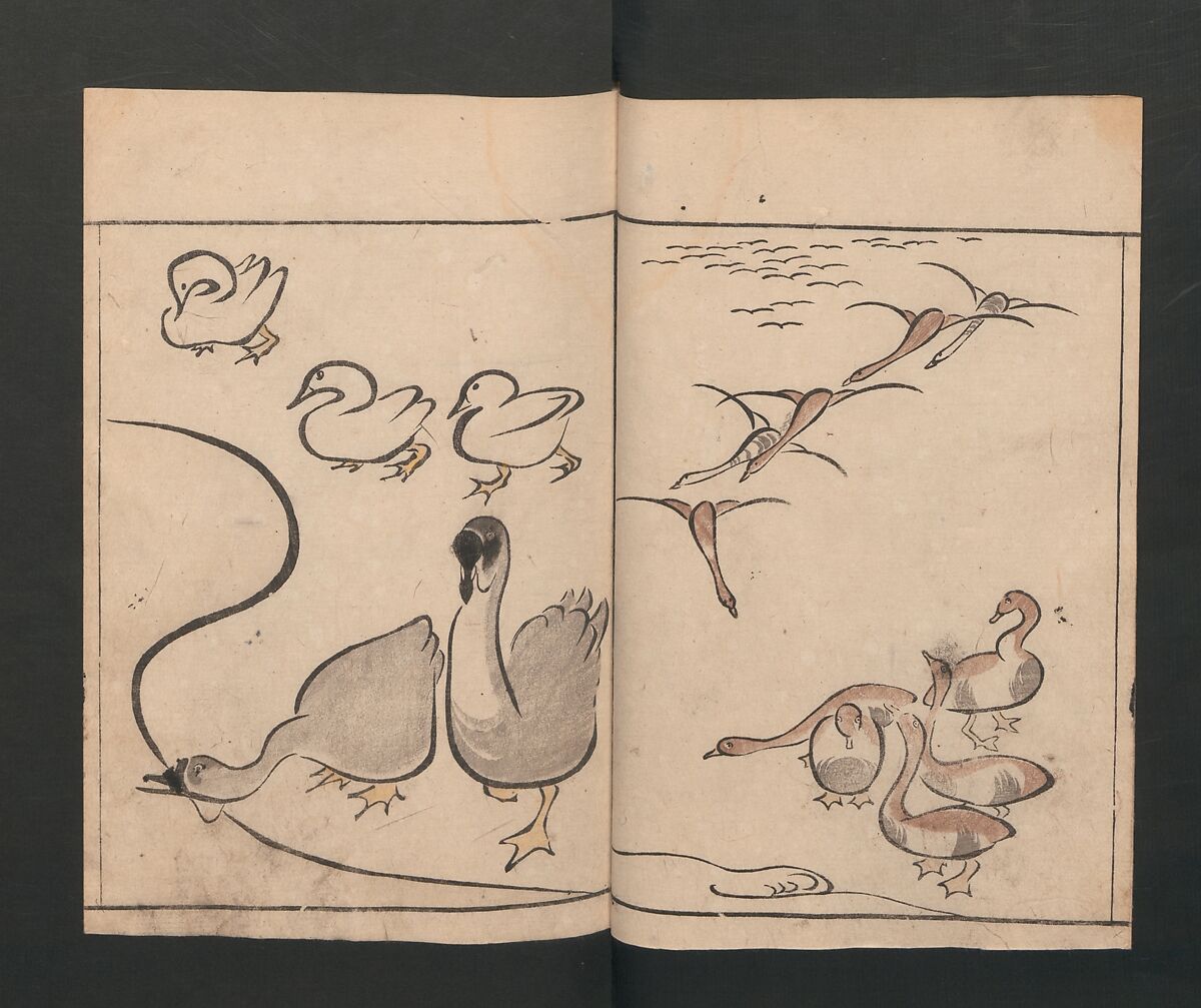 Abbreviated Drawing Styles for Birds and Animals (Chōjū ryakuga shiki) 鳥獣略画式, Kuwagata Keisai 鍬形蕙斎 (Japanese, 1764–1824), Woodblock printed book; ink and color on paper, Japan
