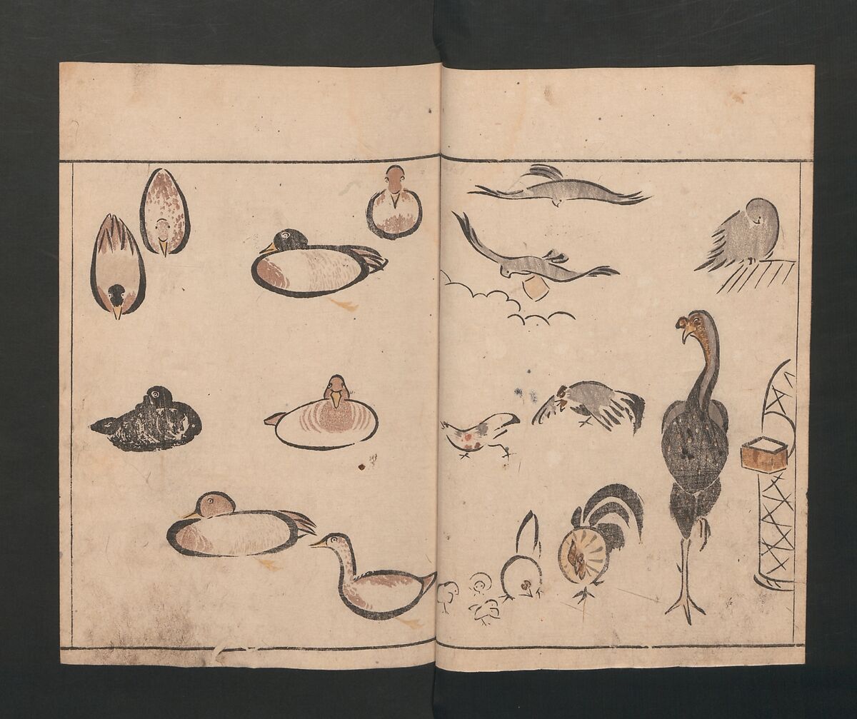 Abbreviated Drawing Styles for Birds and Animals (Chōjū ryakuga shiki) 鳥獣略画式, Kuwagata Keisai 鍬形蕙斎 (Japanese, 1764–1824), Woodblock printed book; ink and color on paper, Japan