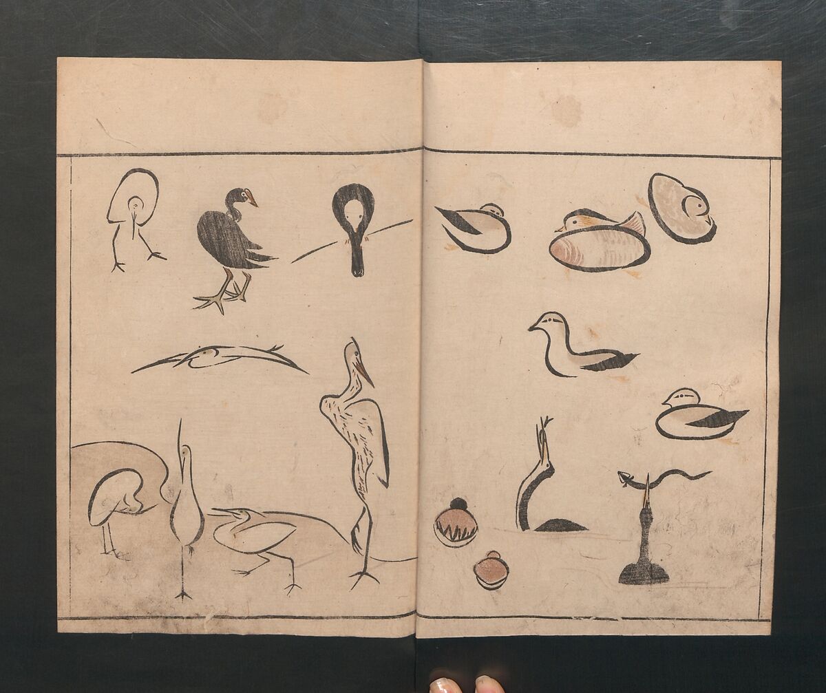 Abbreviated Drawing Styles for Birds and Animals (Chōjū ryakuga shiki) 鳥獣略画式, Kuwagata Keisai 鍬形蕙斎 (Japanese, 1764–1824), Woodblock printed book; ink and color on paper, Japan