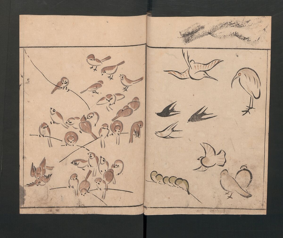 Abbreviated Drawing Styles for Birds and Animals (Chōjū ryakuga shiki) 鳥獣略画式, Kuwagata Keisai 鍬形蕙斎 (Japanese, 1764–1824), Woodblock printed book; ink and color on paper, Japan