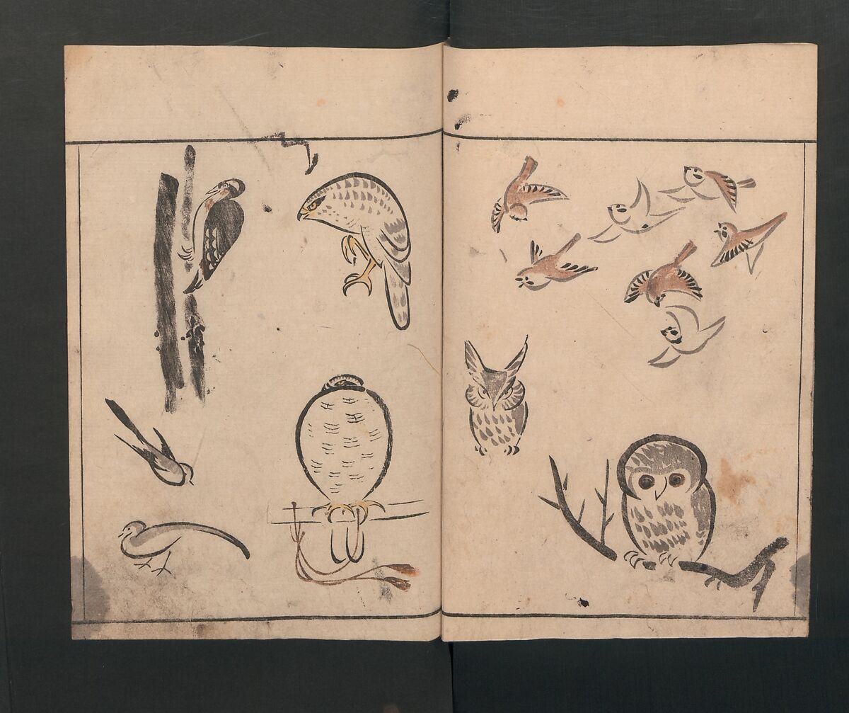 Abbreviated Drawing Styles for Birds and Animals (Chōjū ryakuga shiki) 鳥獣略画式, Kuwagata Keisai 鍬形蕙斎 (Japanese, 1764–1824), Woodblock printed book; ink and color on paper, Japan