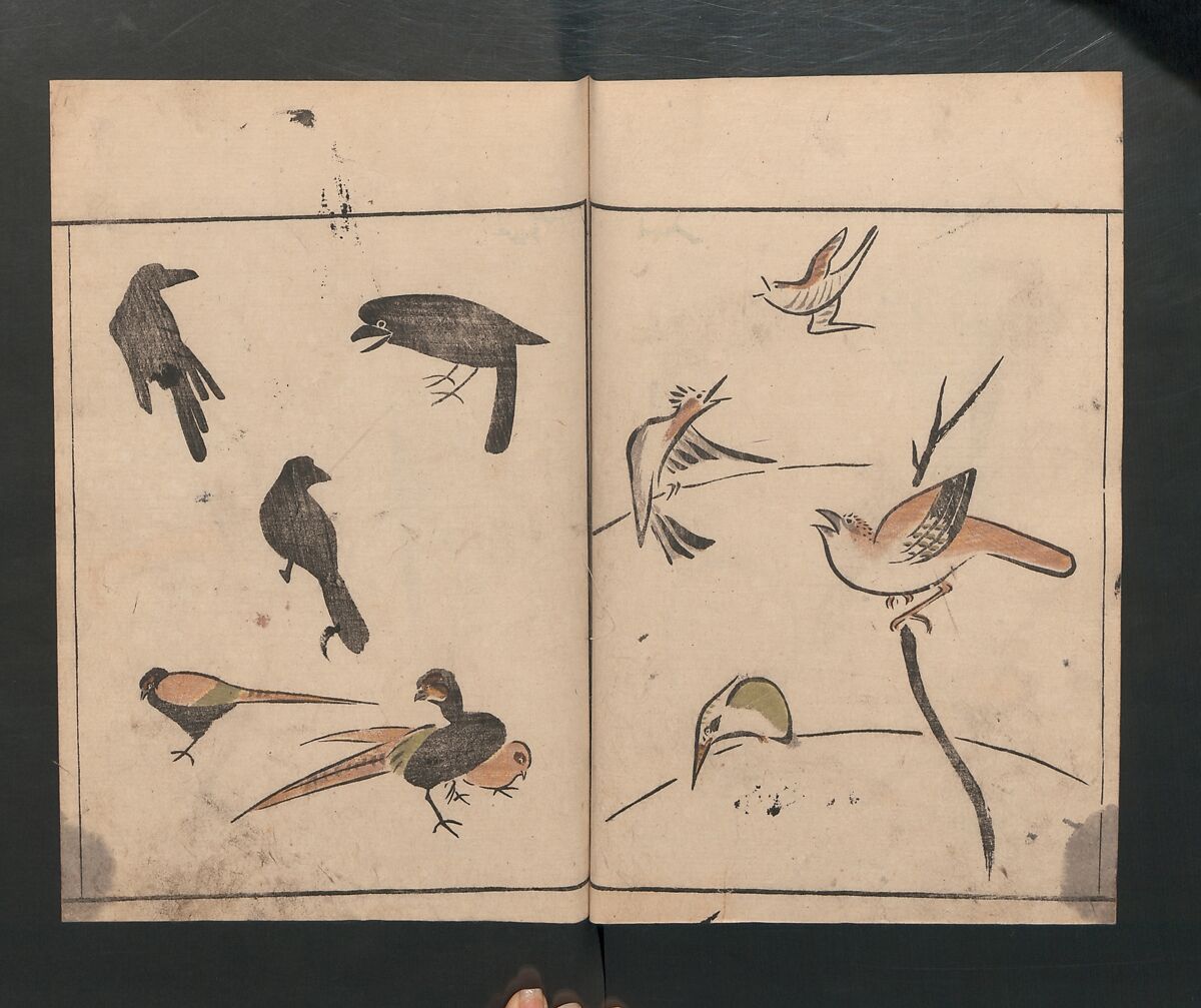 Abbreviated Drawing Styles for Birds and Animals (Chōjū ryakuga shiki) 鳥獣略画式, Kuwagata Keisai 鍬形蕙斎 (Japanese, 1764–1824), Woodblock printed book; ink and color on paper, Japan