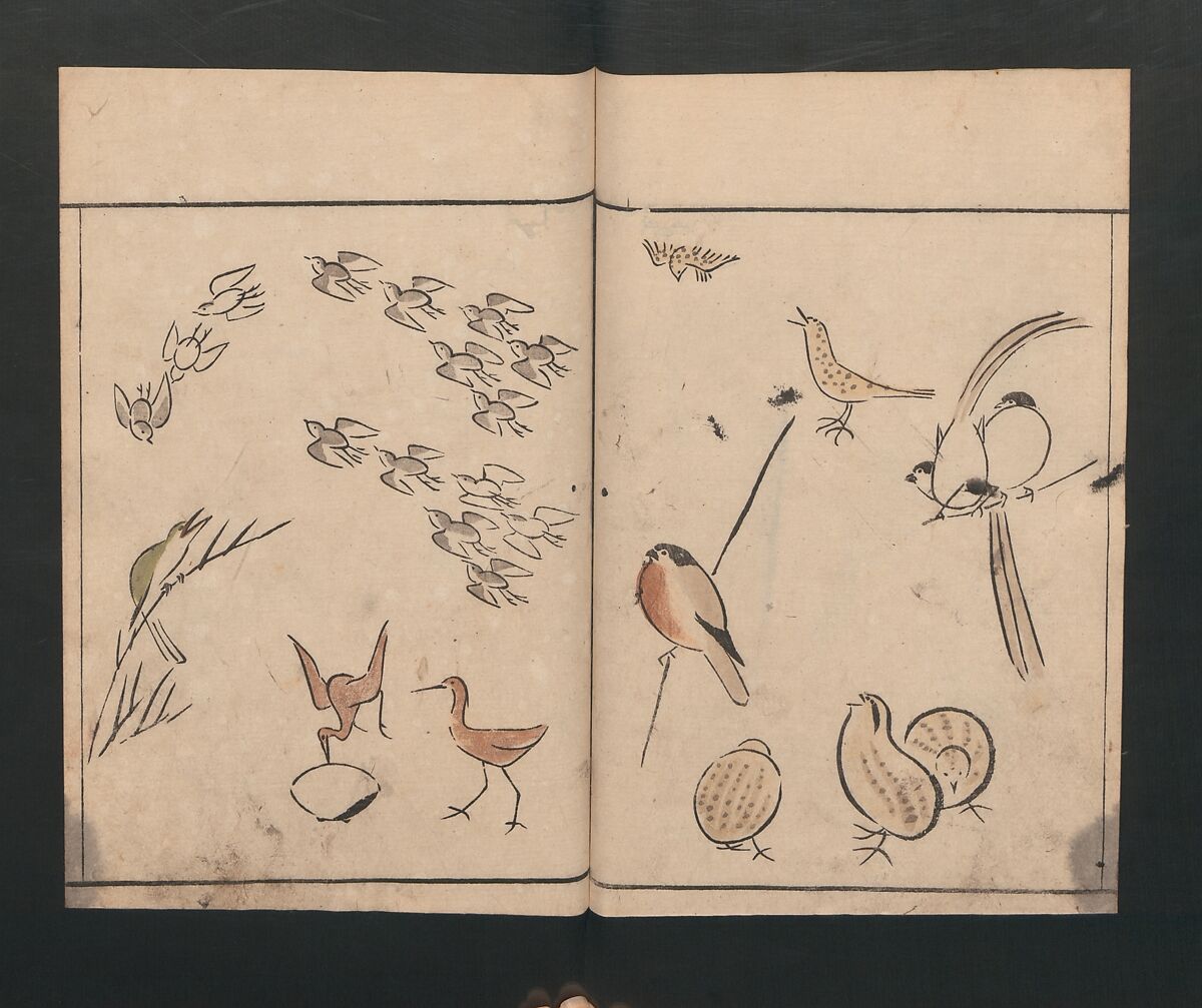 Abbreviated Drawing Styles for Birds and Animals (Chōjū ryakuga shiki) 鳥獣略画式, Kuwagata Keisai 鍬形蕙斎 (Japanese, 1764–1824), Woodblock printed book; ink and color on paper, Japan