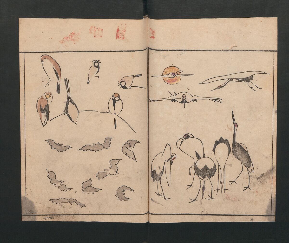 Abbreviated Drawing Styles for Birds and Animals (Chōjū ryakuga shiki) 鳥獣略画式, Kuwagata Keisai 鍬形蕙斎 (Japanese, 1764–1824), Woodblock printed book; ink and color on paper, Japan