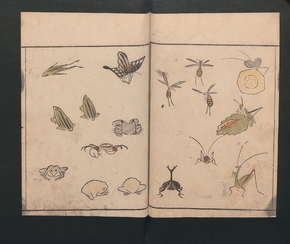 Abbreviated Drawing Styles for Birds and Animals (Chōjū ryakuga shiki) 鳥獣略画式, Kuwagata Keisai 鍬形蕙斎 (Japanese, 1764–1824), Woodblock printed book; ink and color on paper, Japan