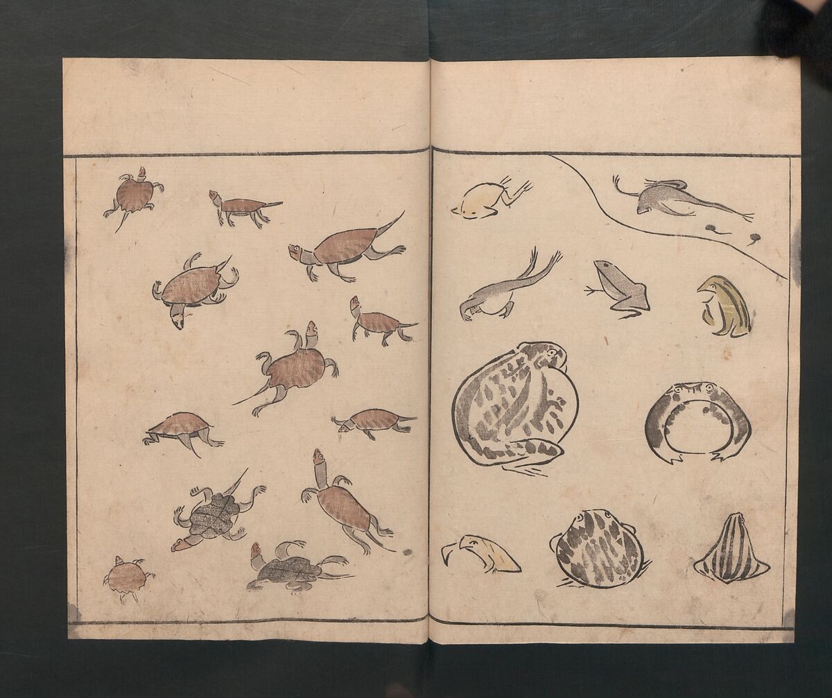 Abbreviated Drawing Styles for Birds and Animals (Chōjū ryakuga shiki) 鳥獣略画式, Kuwagata Keisai 鍬形蕙斎 (Japanese, 1764–1824), Woodblock printed book; ink and color on paper, Japan