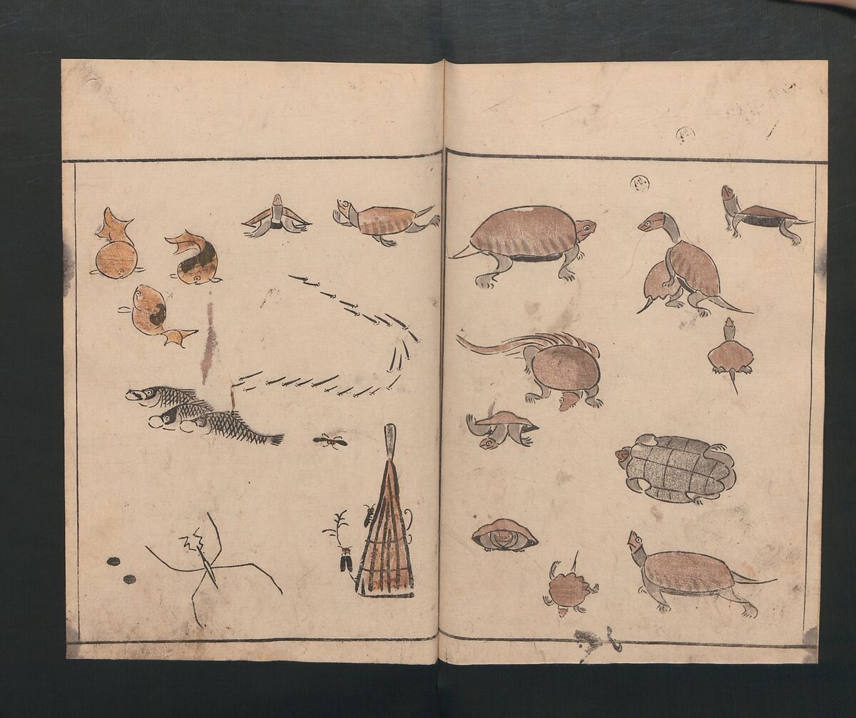 Abbreviated Drawing Styles for Birds and Animals (Chōjū ryakuga shiki) 鳥獣略画式, Kuwagata Keisai 鍬形蕙斎 (Japanese, 1764–1824), Woodblock printed book; ink and color on paper, Japan