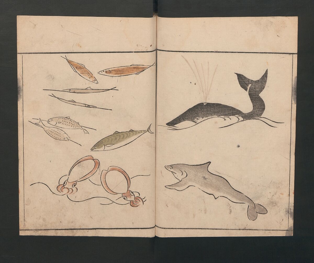 Abbreviated Drawing Styles for Birds and Animals (Chōjū ryakuga shiki) 鳥獣略画式, Kuwagata Keisai 鍬形蕙斎 (Japanese, 1764–1824), Woodblock printed book; ink and color on paper, Japan