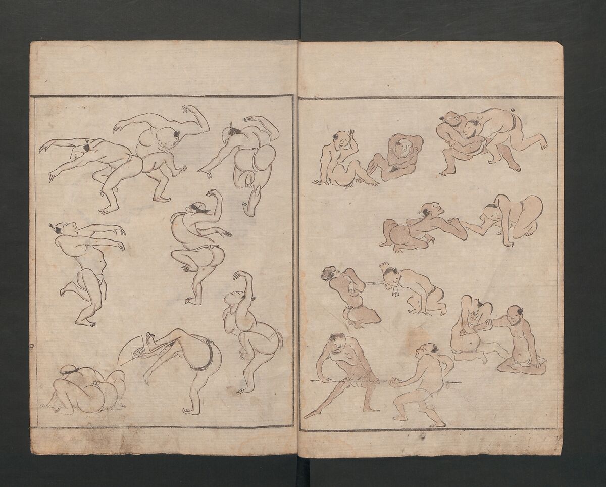 Abbreviated Drawing Styles for Figures (Jinbutsu ryakuga shiki) 人物 略画式, Kuwagata Keisai 鍬形蕙斎 (Japanese, 1764–1824), Woodblock printed book; ink and color on paper, Japan