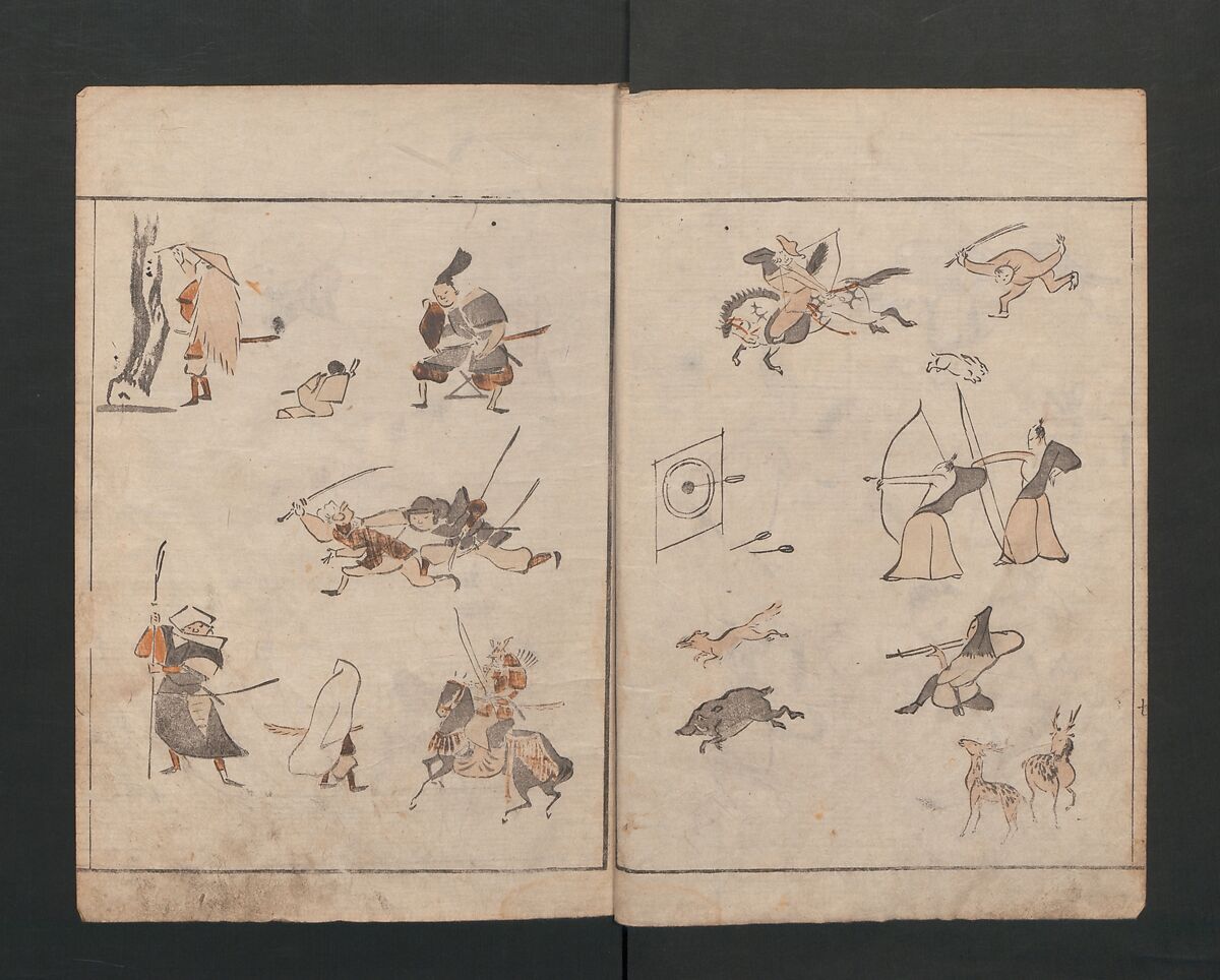 Abbreviated Drawing Styles for Figures (Jinbutsu ryakuga shiki) 人物 略画式, Kuwagata Keisai 鍬形蕙斎 (Japanese, 1764–1824), Woodblock printed book; ink and color on paper, Japan