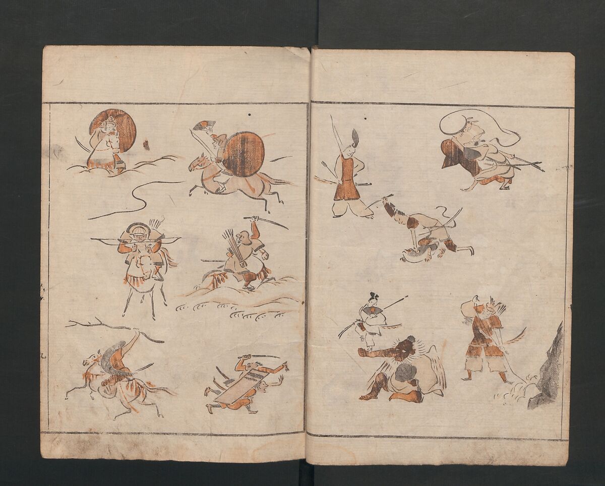 Abbreviated Drawing Styles for Figures (Jinbutsu ryakuga shiki) 人物 略画式, Kuwagata Keisai 鍬形蕙斎 (Japanese, 1764–1824), Woodblock printed book; ink and color on paper, Japan