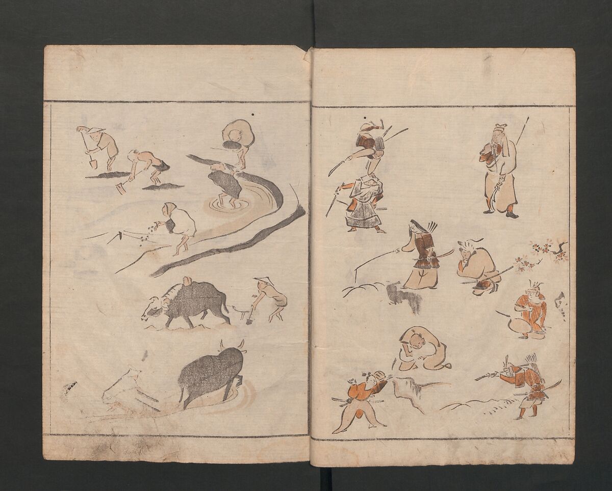 Abbreviated Drawing Styles for Figures (Jinbutsu ryakuga shiki) 人物 略画式, Kuwagata Keisai 鍬形蕙斎 (Japanese, 1764–1824), Woodblock printed book; ink and color on paper, Japan