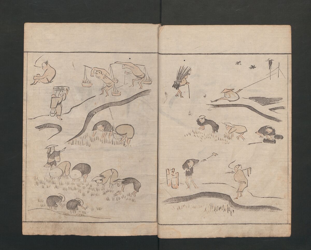 Abbreviated Drawing Styles for Figures (Jinbutsu ryakuga shiki) 人物 略画式, Kuwagata Keisai 鍬形蕙斎 (Japanese, 1764–1824), Woodblock printed book; ink and color on paper, Japan