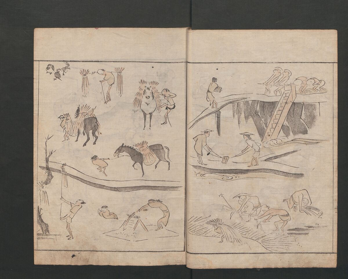 Abbreviated Drawing Styles for Figures (Jinbutsu ryakuga shiki) 人物 略画式, Kuwagata Keisai 鍬形蕙斎 (Japanese, 1764–1824), Woodblock printed book; ink and color on paper, Japan