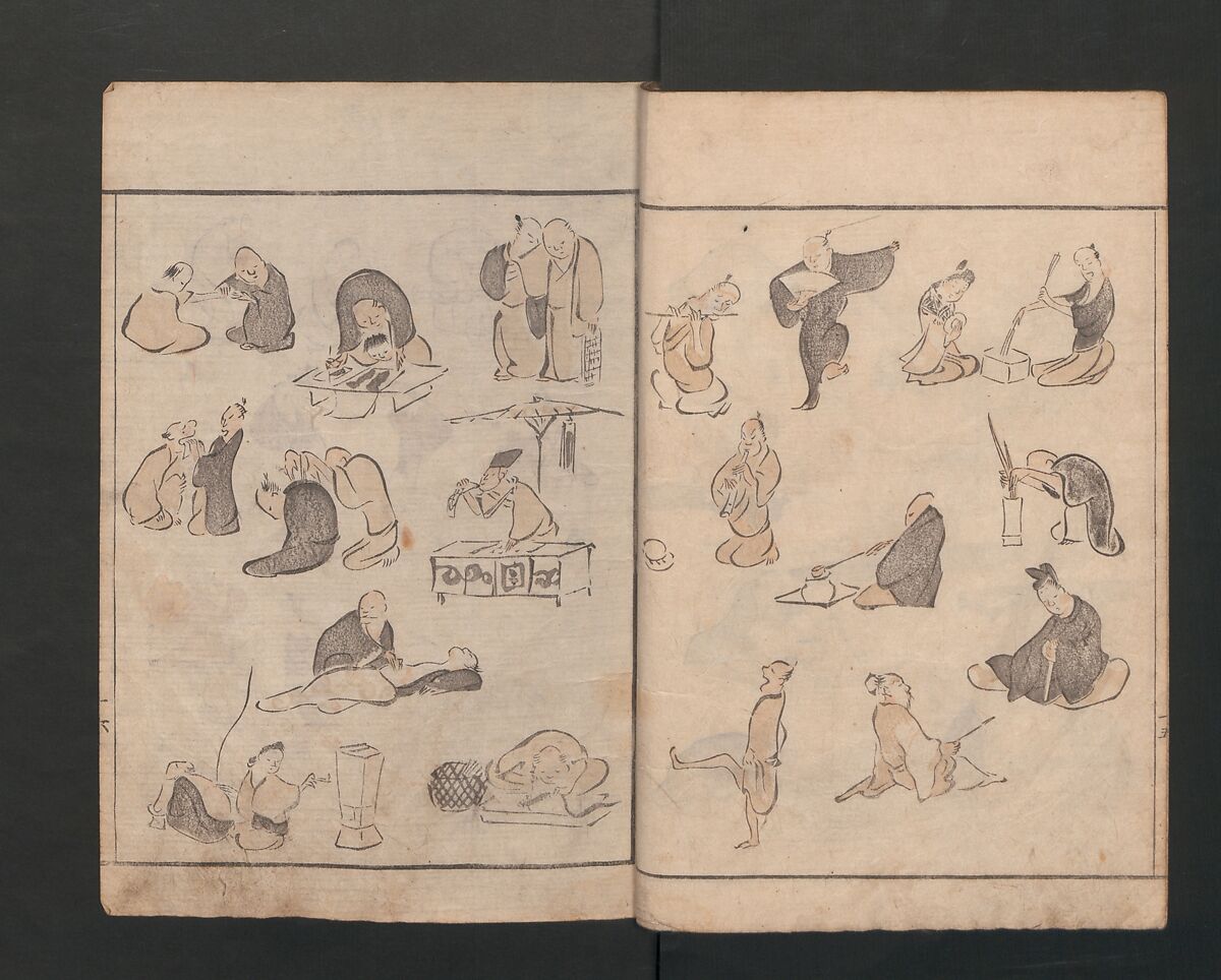 Abbreviated Drawing Styles for Figures (Jinbutsu ryakuga shiki) 人物 略画式, Kuwagata Keisai 鍬形蕙斎 (Japanese, 1764–1824), Woodblock printed book; ink and color on paper, Japan