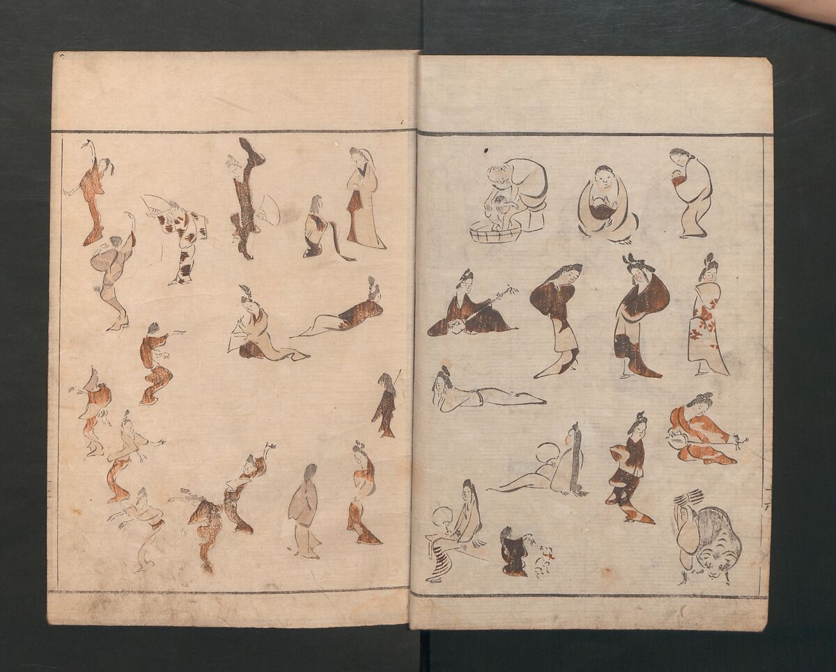 Abbreviated Drawing Styles for Figures (Jinbutsu ryakuga shiki) 人物 略画式, Kuwagata Keisai 鍬形蕙斎 (Japanese, 1764–1824), Woodblock printed book; ink and color on paper, Japan