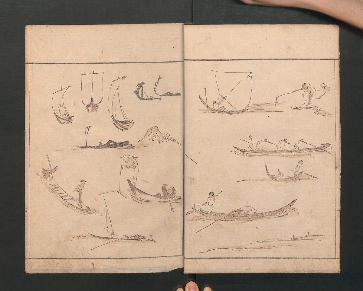 Abbreviated Drawing Styles for Figures (Jinbutsu ryakuga shiki) 人物 略画式, Kuwagata Keisai 鍬形蕙斎 (Japanese, 1764–1824), Woodblock printed book; ink and color on paper, Japan