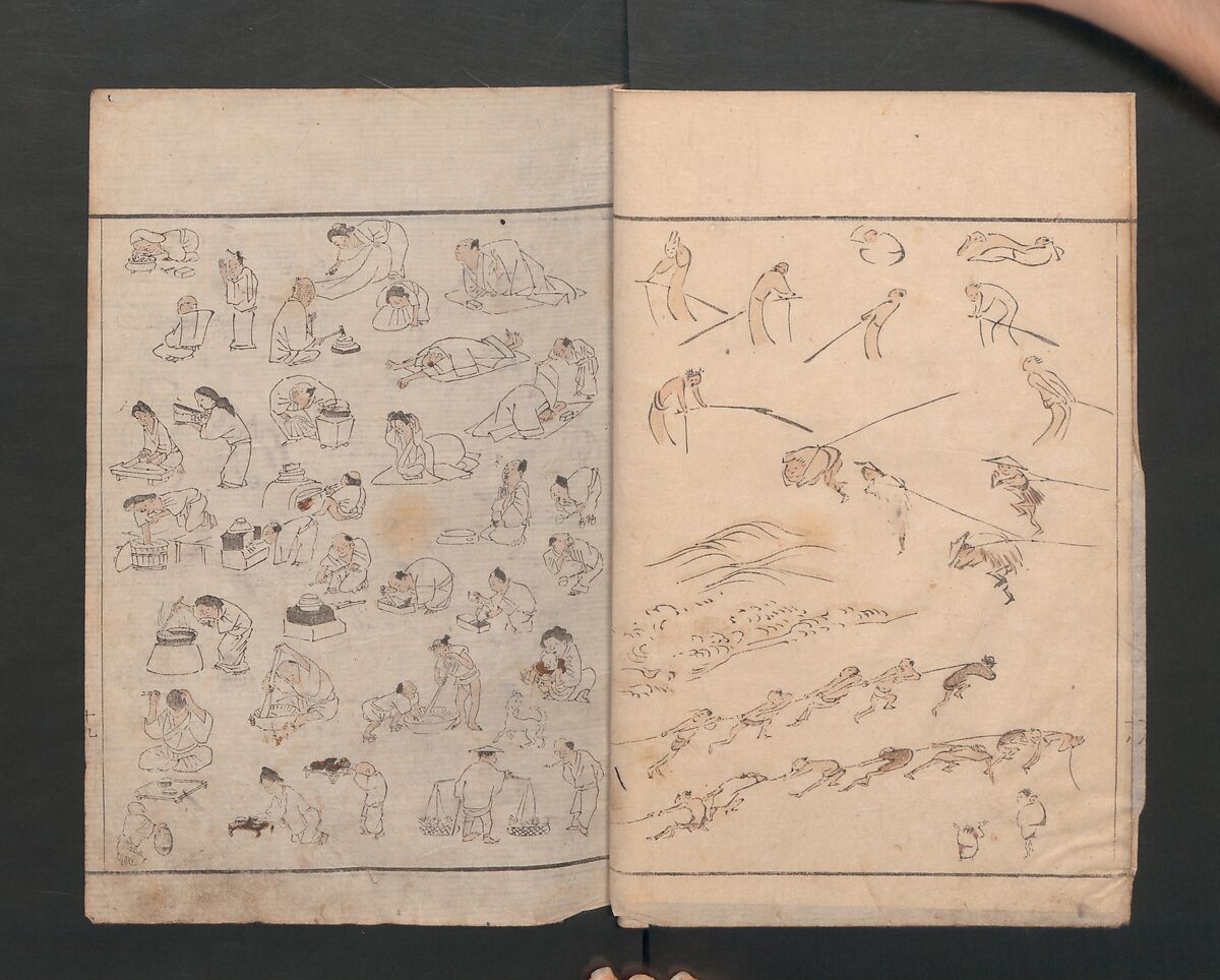 Abbreviated Drawing Styles for Figures (Jinbutsu ryakuga shiki) 人物 略画式, Kuwagata Keisai 鍬形蕙斎 (Japanese, 1764–1824), Woodblock printed book; ink and color on paper, Japan