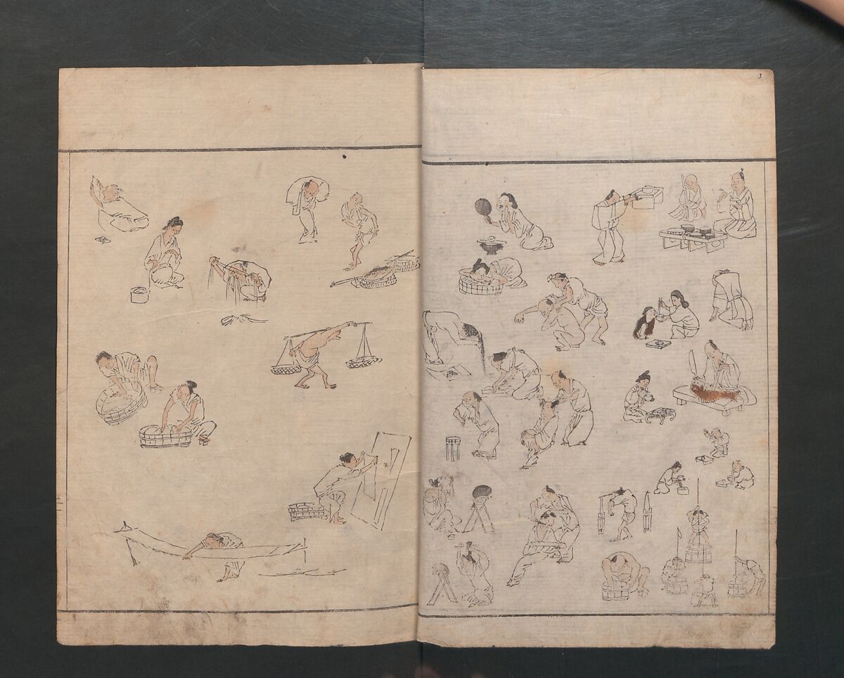 Abbreviated Drawing Styles for Figures (Jinbutsu ryakuga shiki) 人物 略画式, Kuwagata Keisai 鍬形蕙斎 (Japanese, 1764–1824), Woodblock printed book; ink and color on paper, Japan