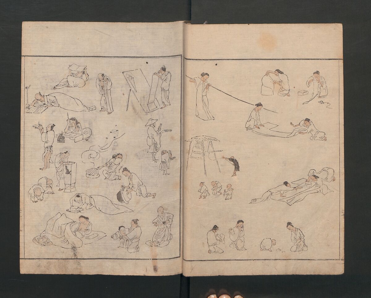 Abbreviated Drawing Styles for Figures (Jinbutsu ryakuga shiki) 人物 略画式, Kuwagata Keisai 鍬形蕙斎 (Japanese, 1764–1824), Woodblock printed book; ink and color on paper, Japan