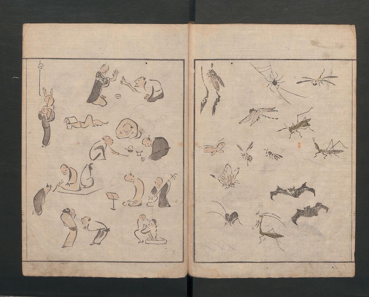 Abbreviated Drawing Styles for Figures (Jinbutsu ryakuga shiki) 人物 略画式, Kuwagata Keisai 鍬形蕙斎 (Japanese, 1764–1824), Woodblock printed book; ink and color on paper, Japan