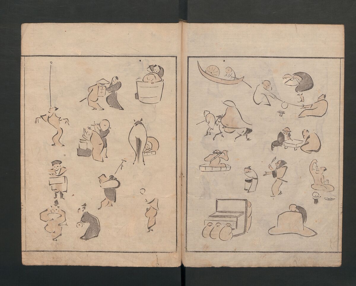 Abbreviated Drawing Styles for Figures (Jinbutsu ryakuga shiki) 人物 略画式, Kuwagata Keisai 鍬形蕙斎 (Japanese, 1764–1824), Woodblock printed book; ink and color on paper, Japan