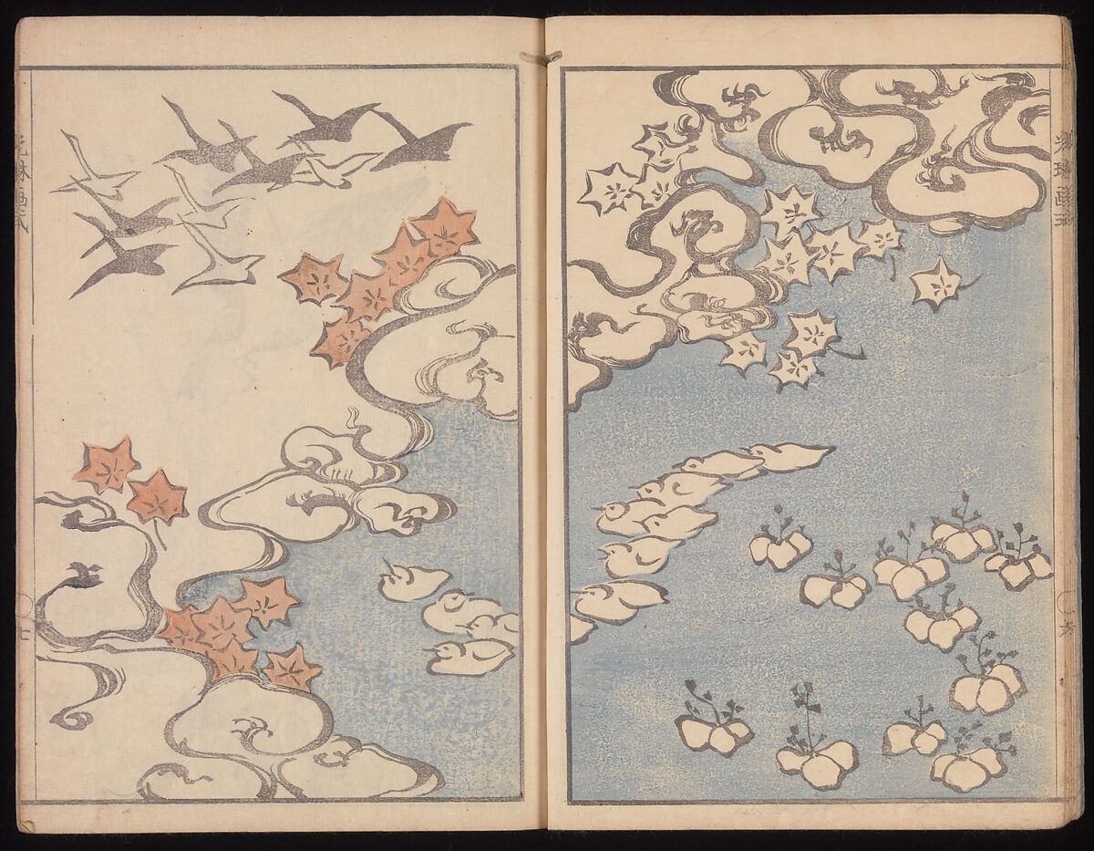 Kōrin's Painting Style (Kōrin gashiki), Aikawa Minwa (Japanese, active 1806–1821), Set of two Woodblock printed books; ink and color on paper, Japan