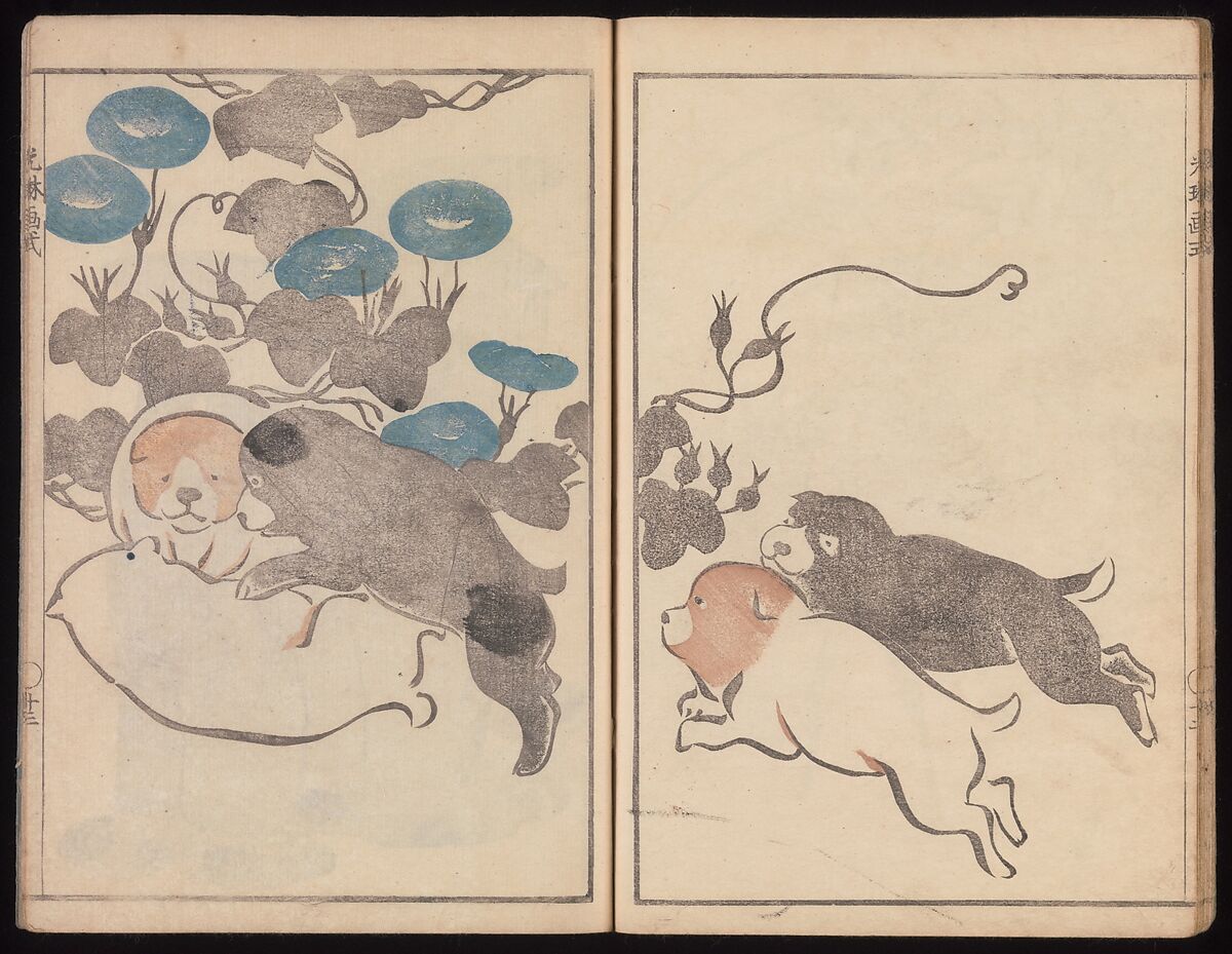Kōrin's Painting Style (Kōrin gashiki), Aikawa Minwa (Japanese, active 1806–1821), Set of two Woodblock printed books; ink and color on paper, Japan