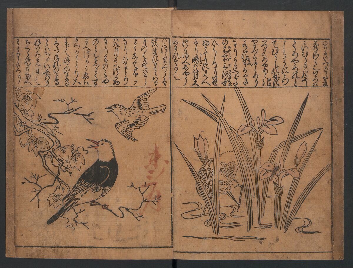 Illustrations of Birds and Flowers (Kachō e-zukushi) 花鳥絵づくし, Hishikawa Moronobu (Japanese, 1618–1694), Woodblock printed book; ink and color on paper, Japan
