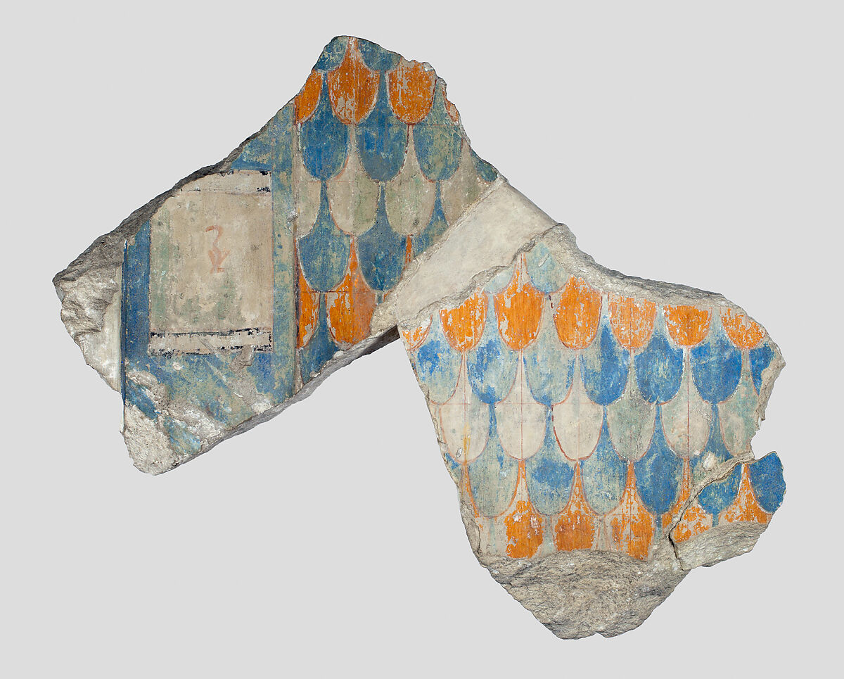 Relief fragment with feather pattern, Limestone, paint