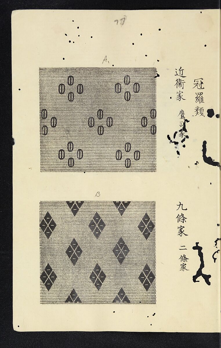 Patterns of Brocades Worn at Court (Shōzoku shokumon zue) 装束織文図会, Matsuoka Shiben, Ink and color on paper, Japan