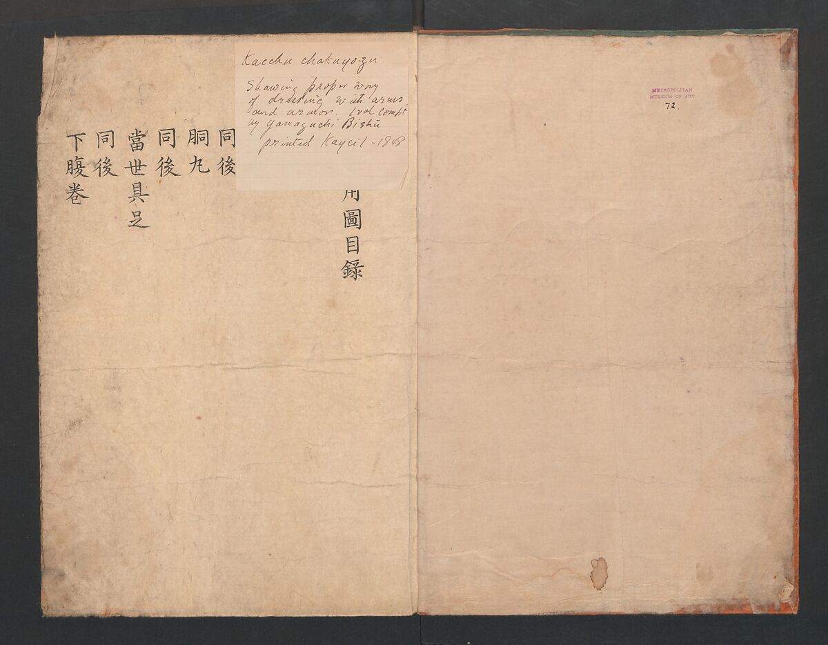 Illustrations Showing the Wearing of Arms and Armor (Katchū chakuyōzu) 甲冑著用図, Yamaguchi Bisū  山口美崇, Ink and color on paper, Japan