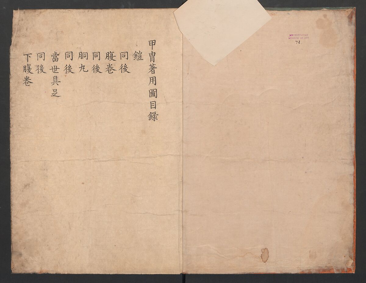 Illustrations Showing the Wearing of Arms and Armor (Katchū chakuyōzu) 甲冑著用図, Yamaguchi Bisū  山口美崇, Ink and color on paper, Japan