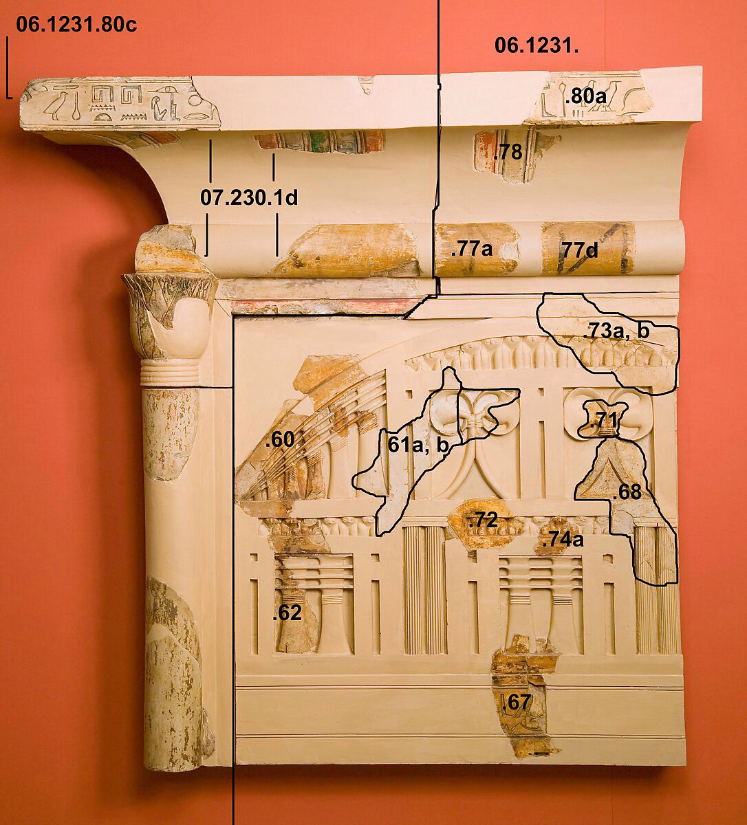 Relief fragments from a Shrine of Queen Henhenet - see 07.230.1d, Limestone, paint
