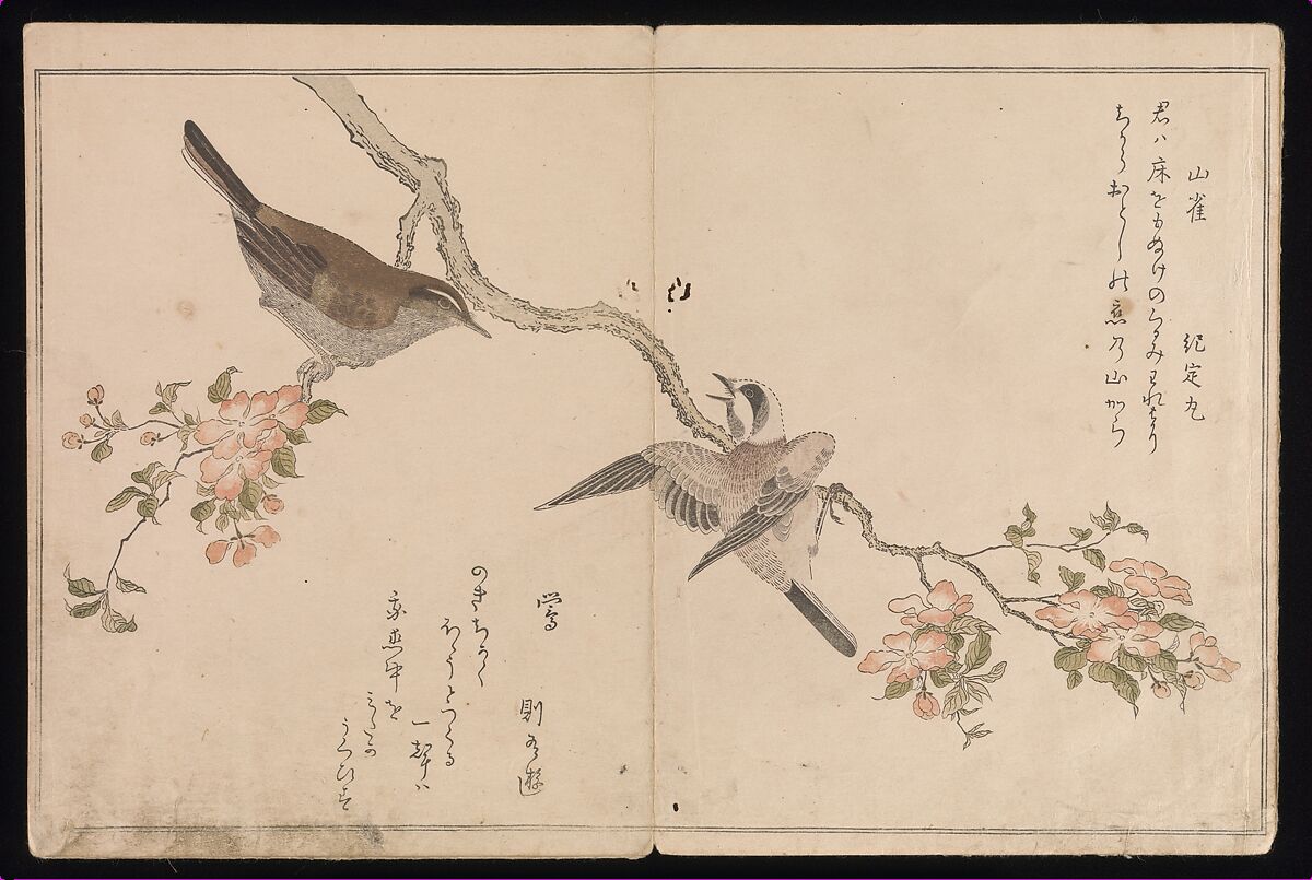 Myriad Birds:A Playful Poetry Contest (Momo chidori kyōka-awase), 2 vols., Kitagawa Utamaro (Japanese, ca. 1754–1806), Two volumes; woodblock printed books; ink and color on paper, Japan