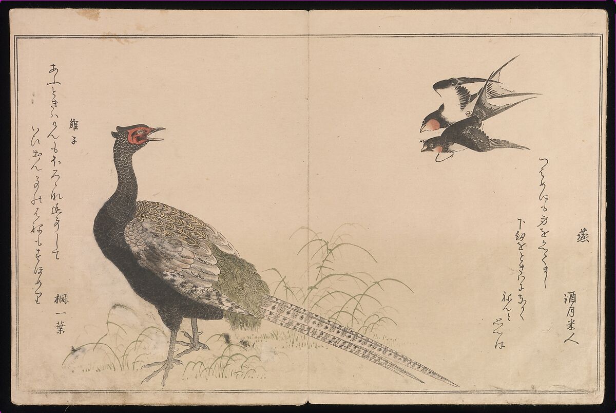 Myriad Birds:A Playful Poetry Contest (Momo chidori kyōka-awase), 2 vols., Kitagawa Utamaro (Japanese, ca. 1754–1806), Two volumes; woodblock printed books; ink and color on paper, Japan