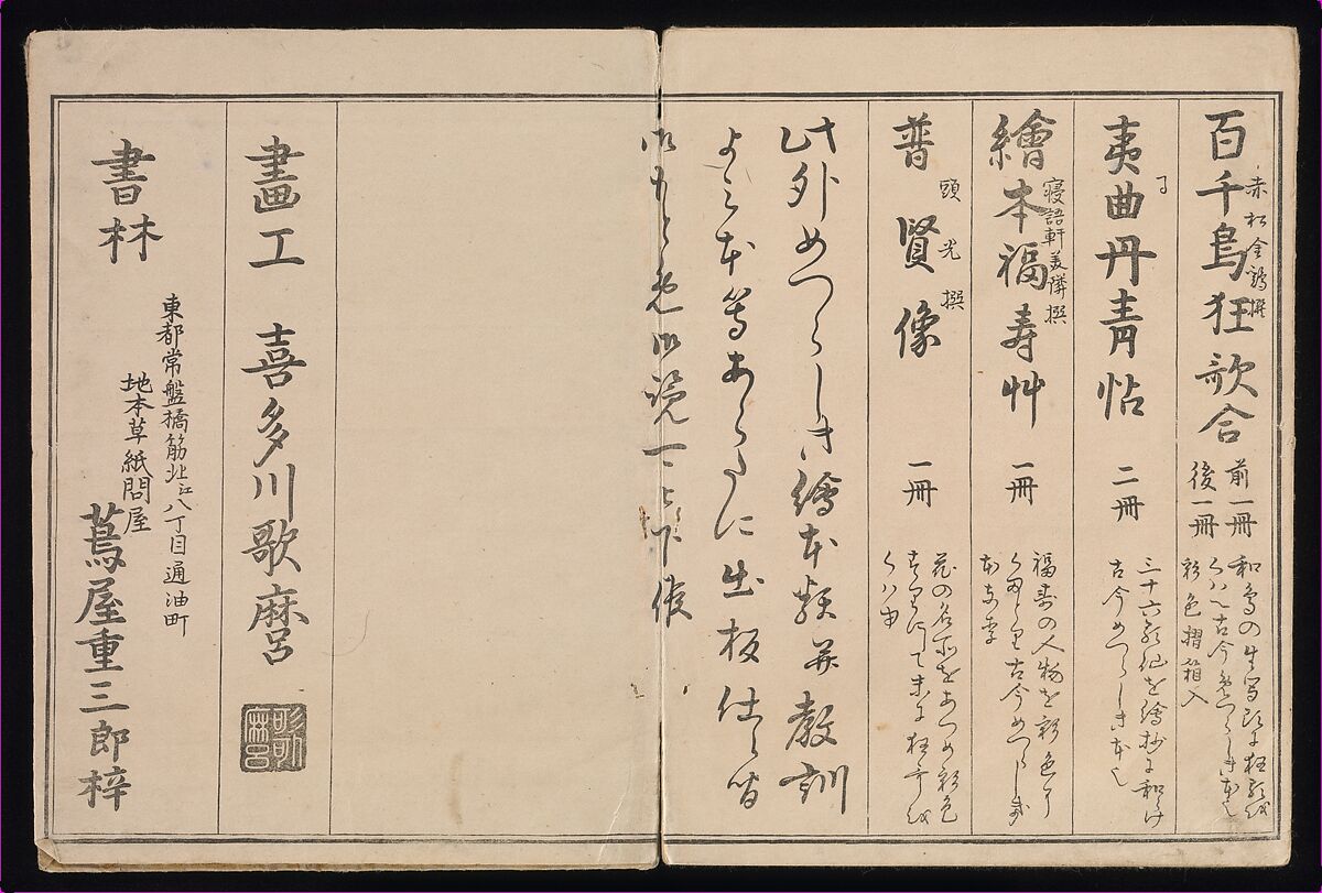 Myriad Birds:A Playful Poetry Contest (Momo chidori kyōka-awase), 2 vols., Kitagawa Utamaro (Japanese, ca. 1754–1806), Two volumes; woodblock printed books; ink and color on paper, Japan