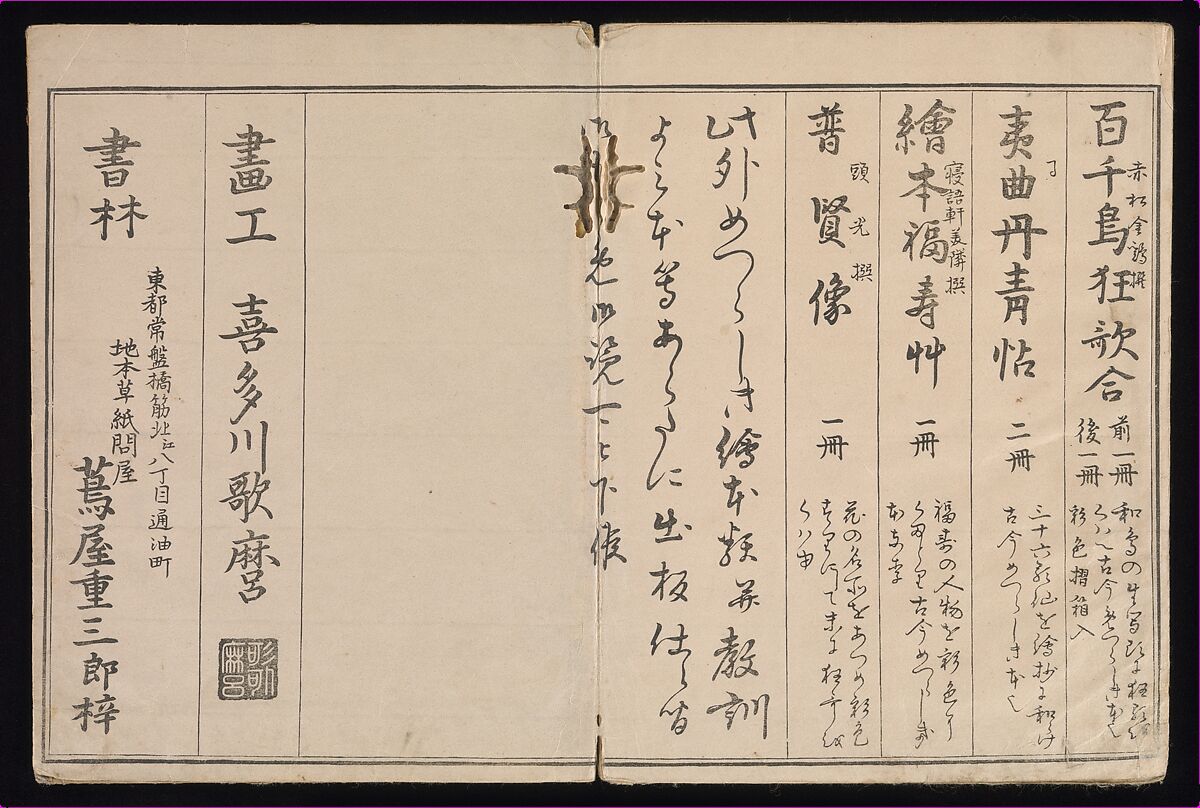 Myriad Birds:A Playful Poetry Contest (Momo chidori kyōka-awase), 2 vols., Kitagawa Utamaro (Japanese, ca. 1754–1806), Two volumes; woodblock printed books; ink and color on paper, Japan