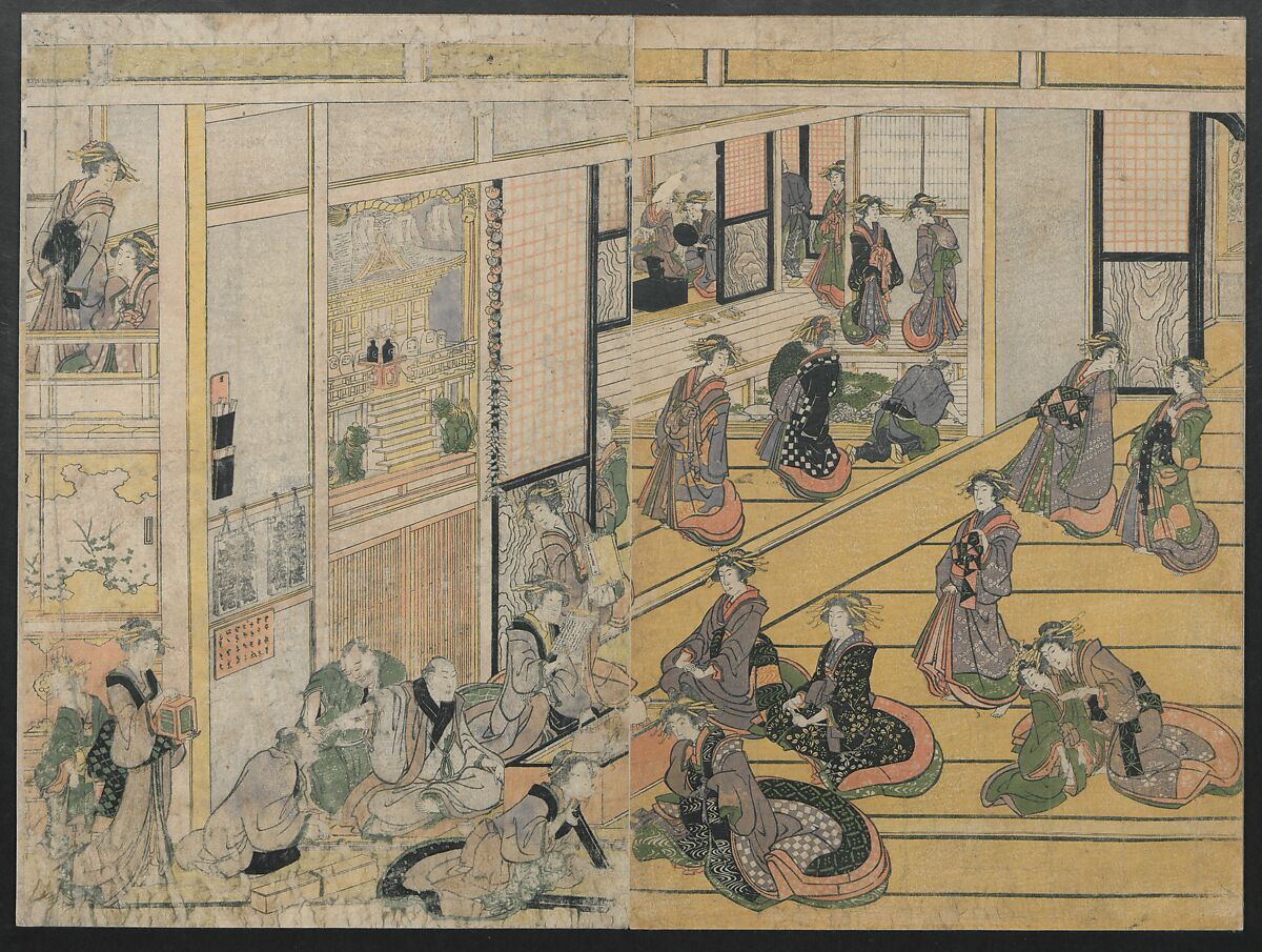 New Year's Day at the Ogiya Seiro (Yoshiwara yūkaku no kei) 吉原遊郭の景, Katsushika Hokusai 葛飾北斎 (Japanese, Tokyo (Edo) 1760–1849 Tokyo (Edo)), Pentaptych of polychrome woodblock prints, Japan