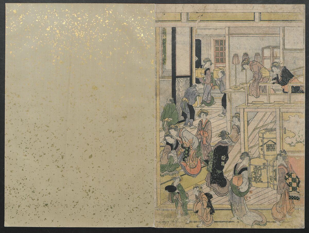 New Year's Day at the Ogiya Seiro (Yoshiwara yūkaku no kei) 吉原遊郭の景, Katsushika Hokusai 葛飾北斎 (Japanese, Tokyo (Edo) 1760–1849 Tokyo (Edo)), Pentaptych of polychrome woodblock prints, Japan