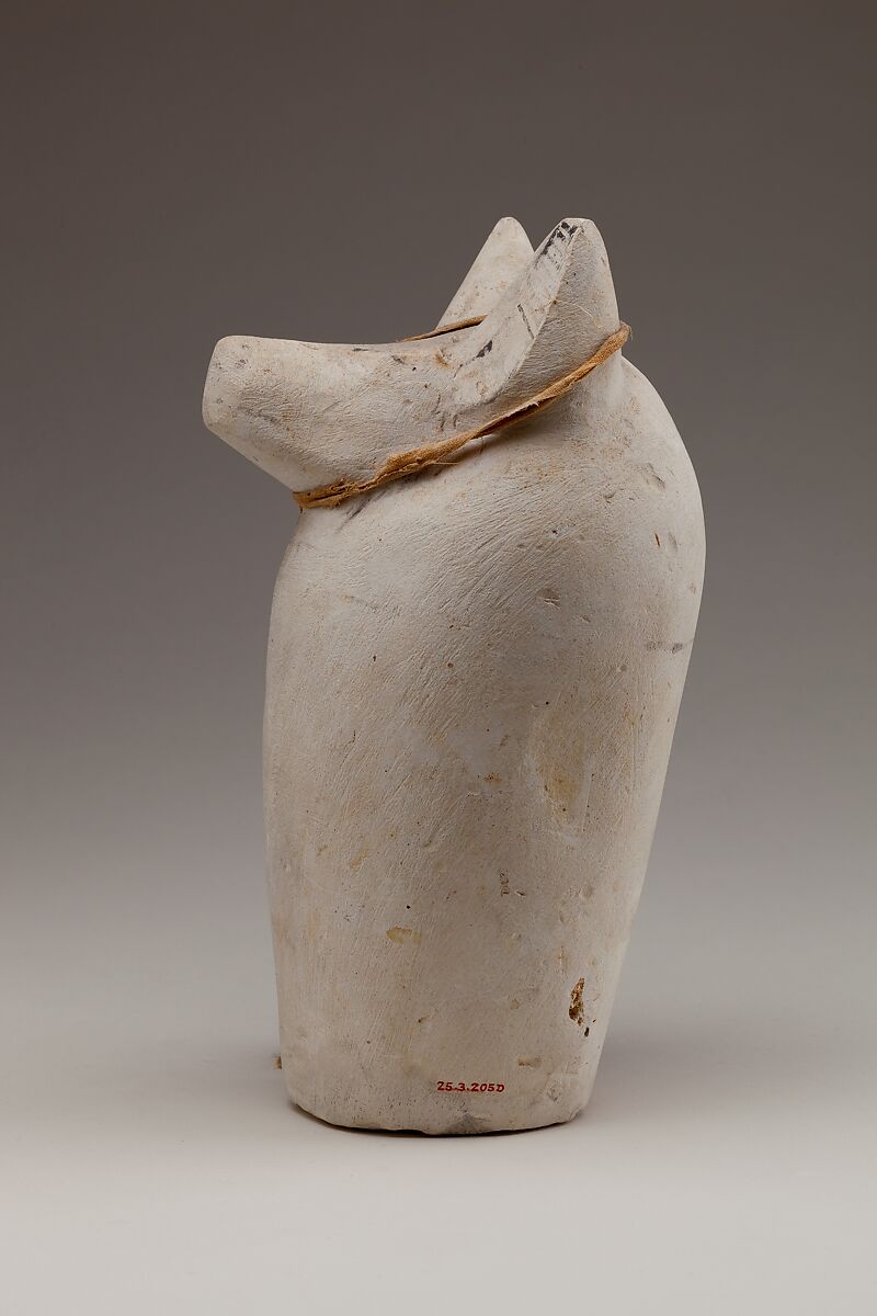 Dummy Canopic Jar with the Head of Duamutef, Limestone, paint, linen