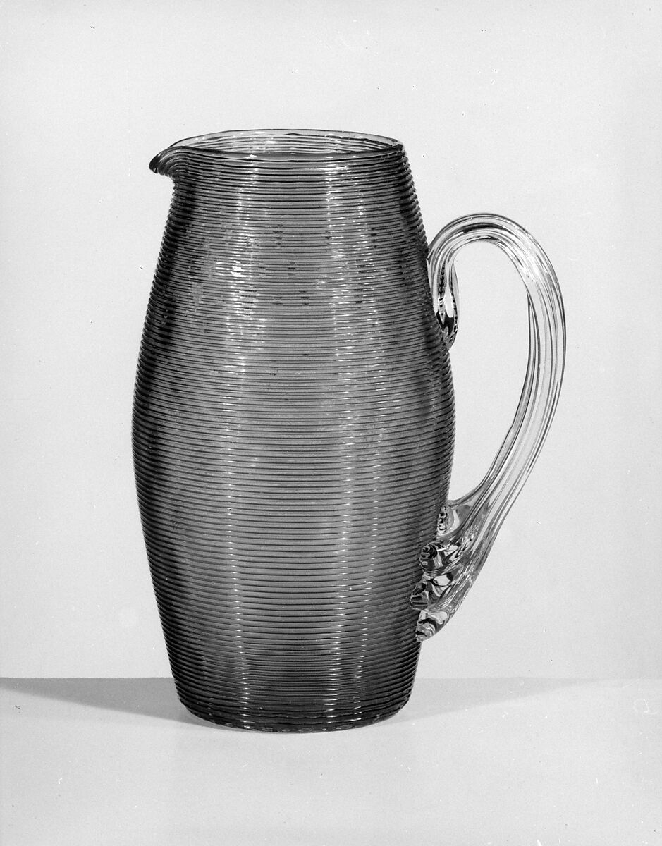 Pitcher, Possibly Boston &amp; Sandwich Glass Company (American, 1825–1888, Sandwich, Massachusetts), Blown amber glass with applied threaded decoration, American 