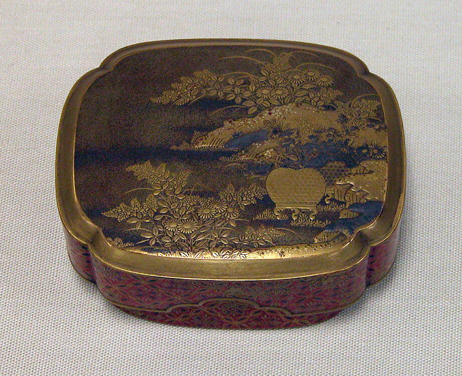 Incense Box with Autumn Grasses and Insect Cage, Gold, silver hiramaki-e, takamaki-e, cut-out gold foil application on black ground, Japan 