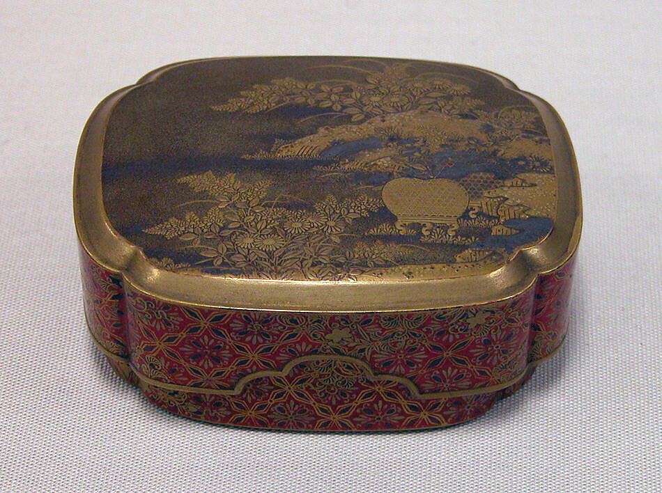 Incense Box with Autumn Grasses and Insect Cage, Gold, silver hiramaki-e, takamaki-e, cut-out gold foil application on black ground, Japan