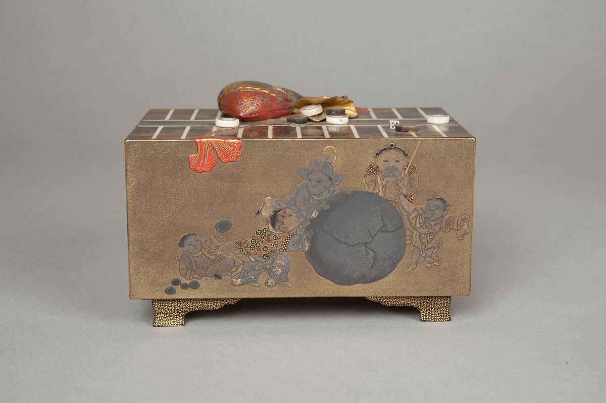 Incense Box Cover with Design of Backgammon Board, Gold and lacquer on wood, Japan