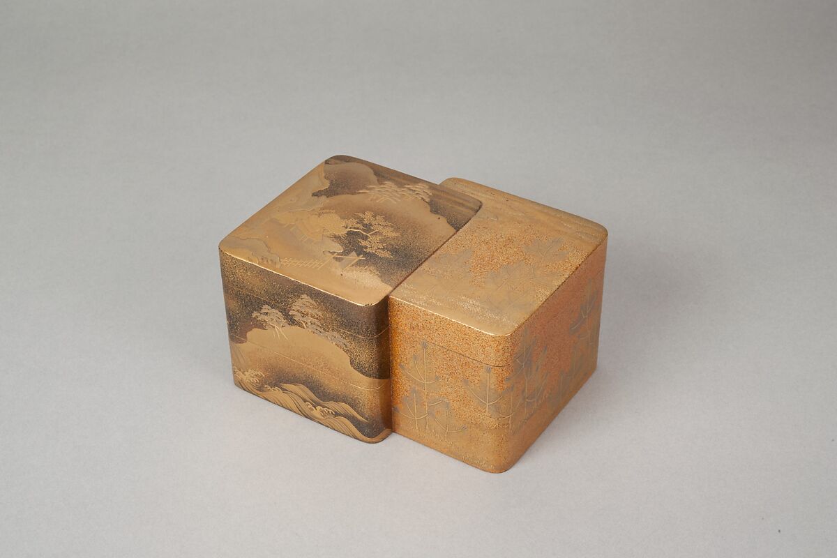 Incense Box with Designs of Pines Along the Shore and Young Pines, Gold maki-e on black lacquer, Japan 