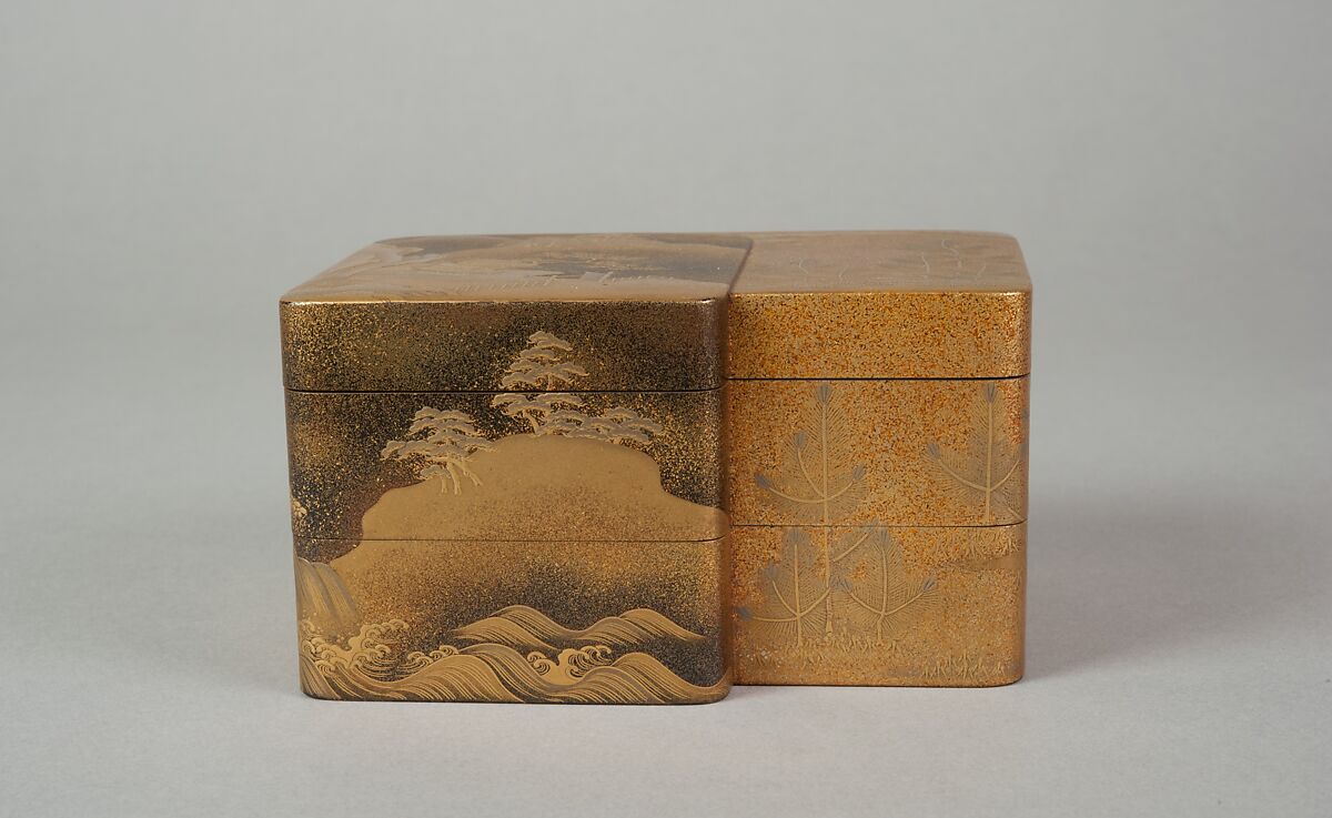 Incense Box with Designs of Pines Along the Shore and Young Pines, Gold maki-e on black lacquer, Japan