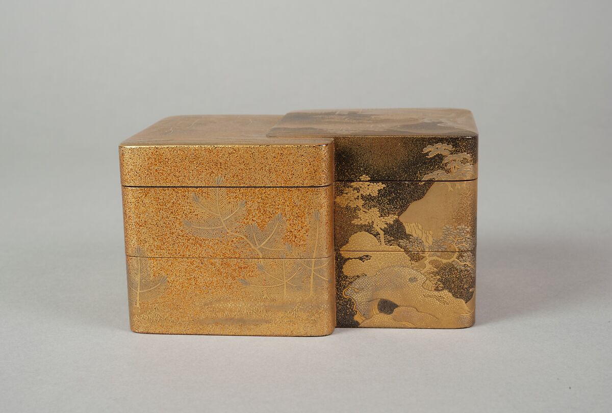 Incense Box with Designs of Pines Along the Shore and Young Pines, Gold maki-e on black lacquer, Japan